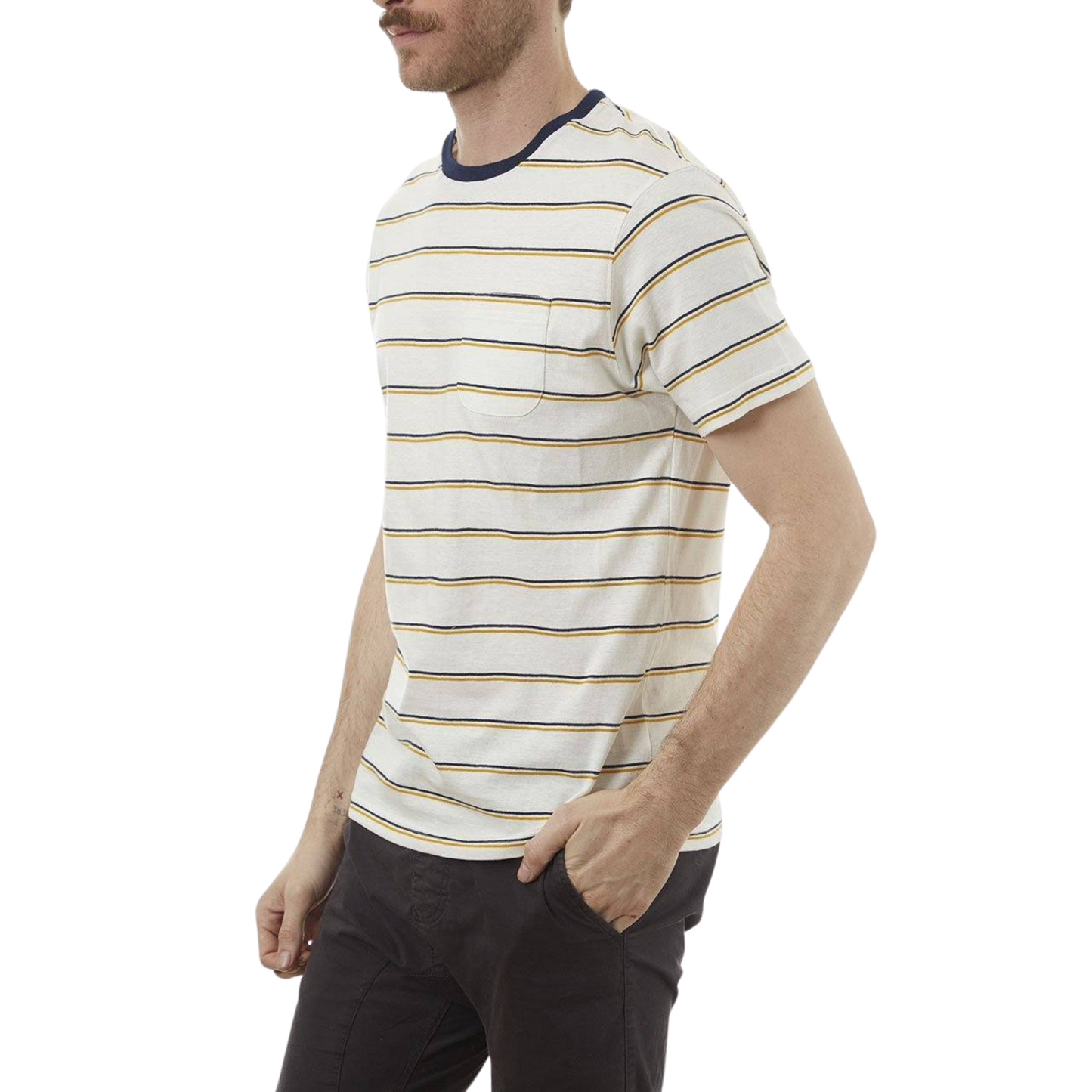 Man wearing a white and navy striped t-shirt on a white background
