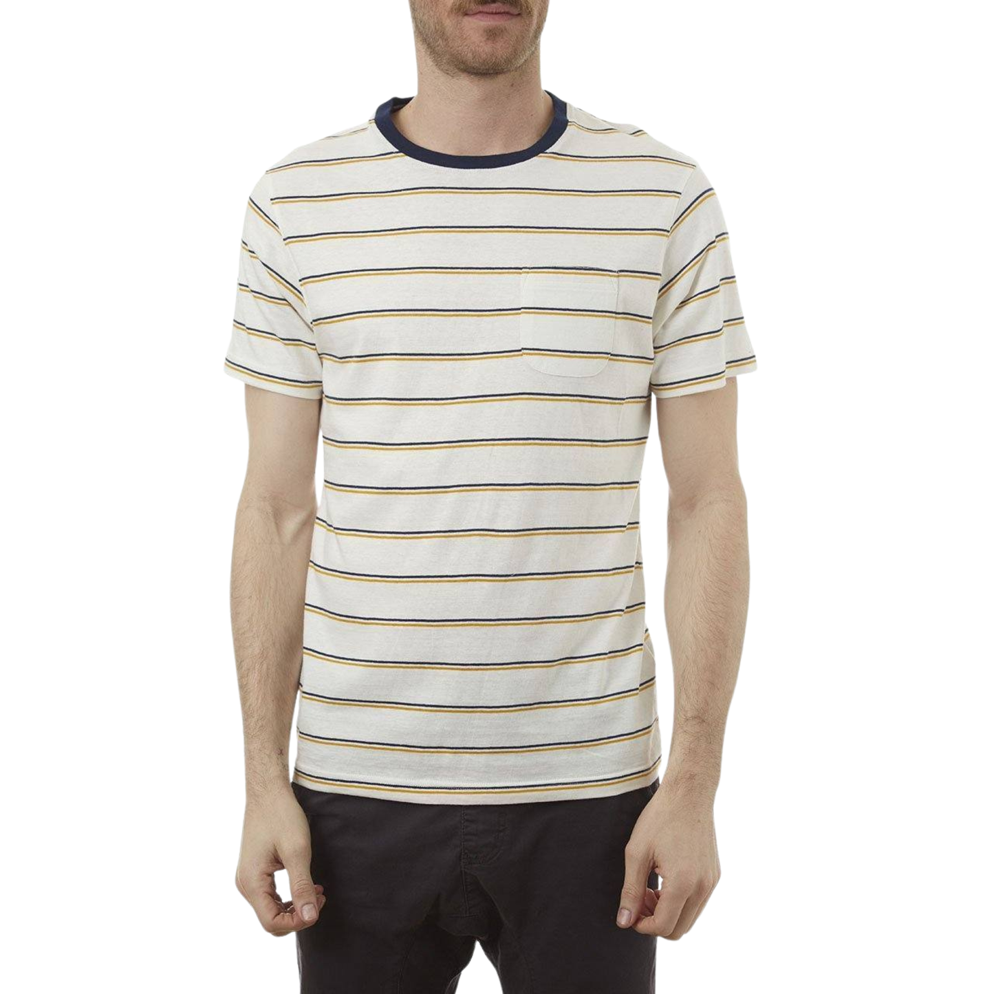 Man wearing a striped t-shirt with a white background