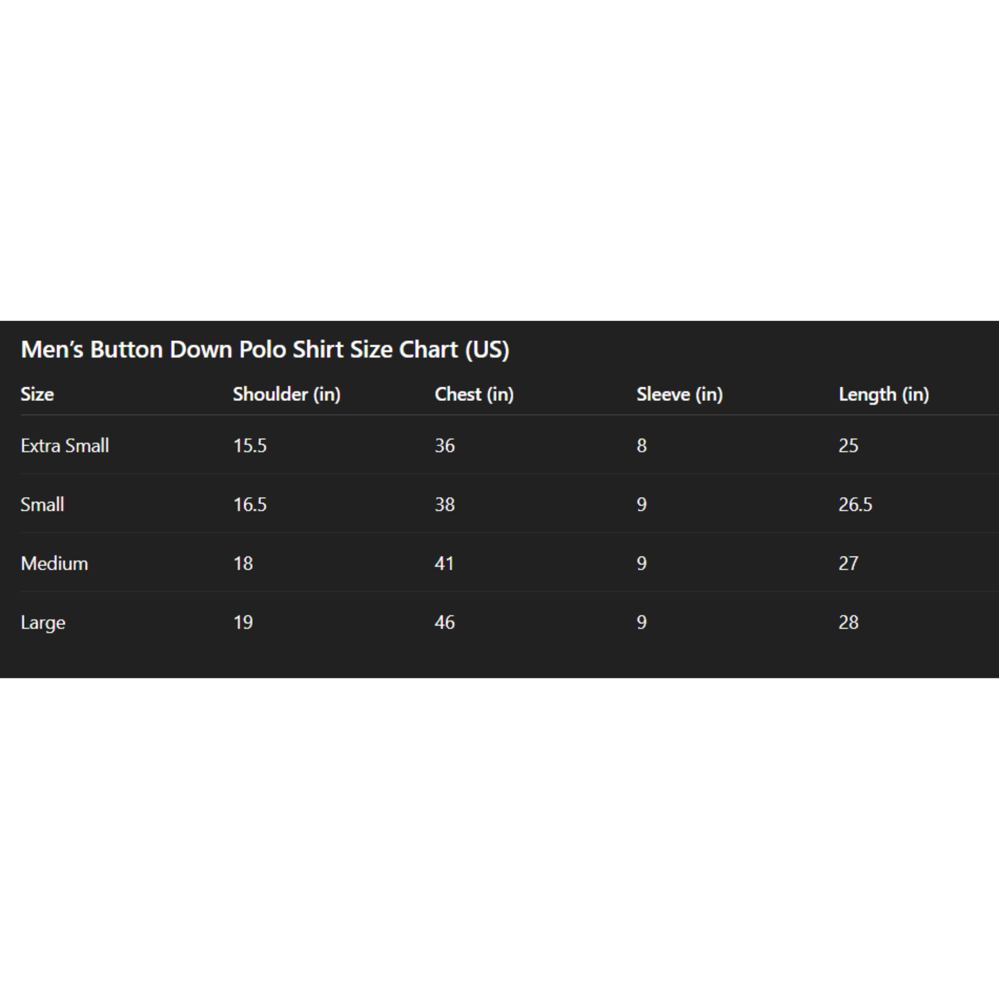 size chart for Men's Short Sleeve Pants King Militant Button Down Polo