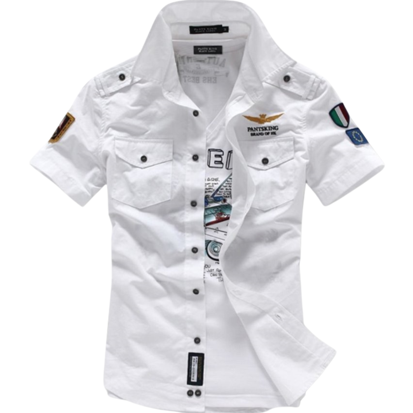 white button down dress shirt with military tyle logos