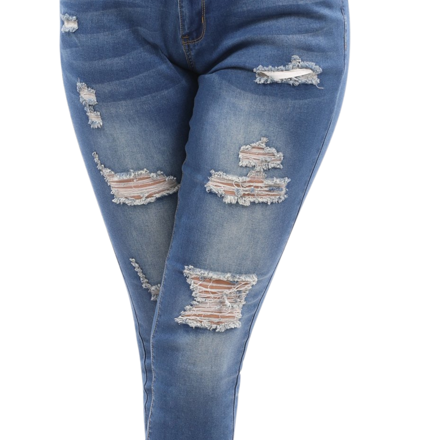 Blue jeans with distressed details on a white background