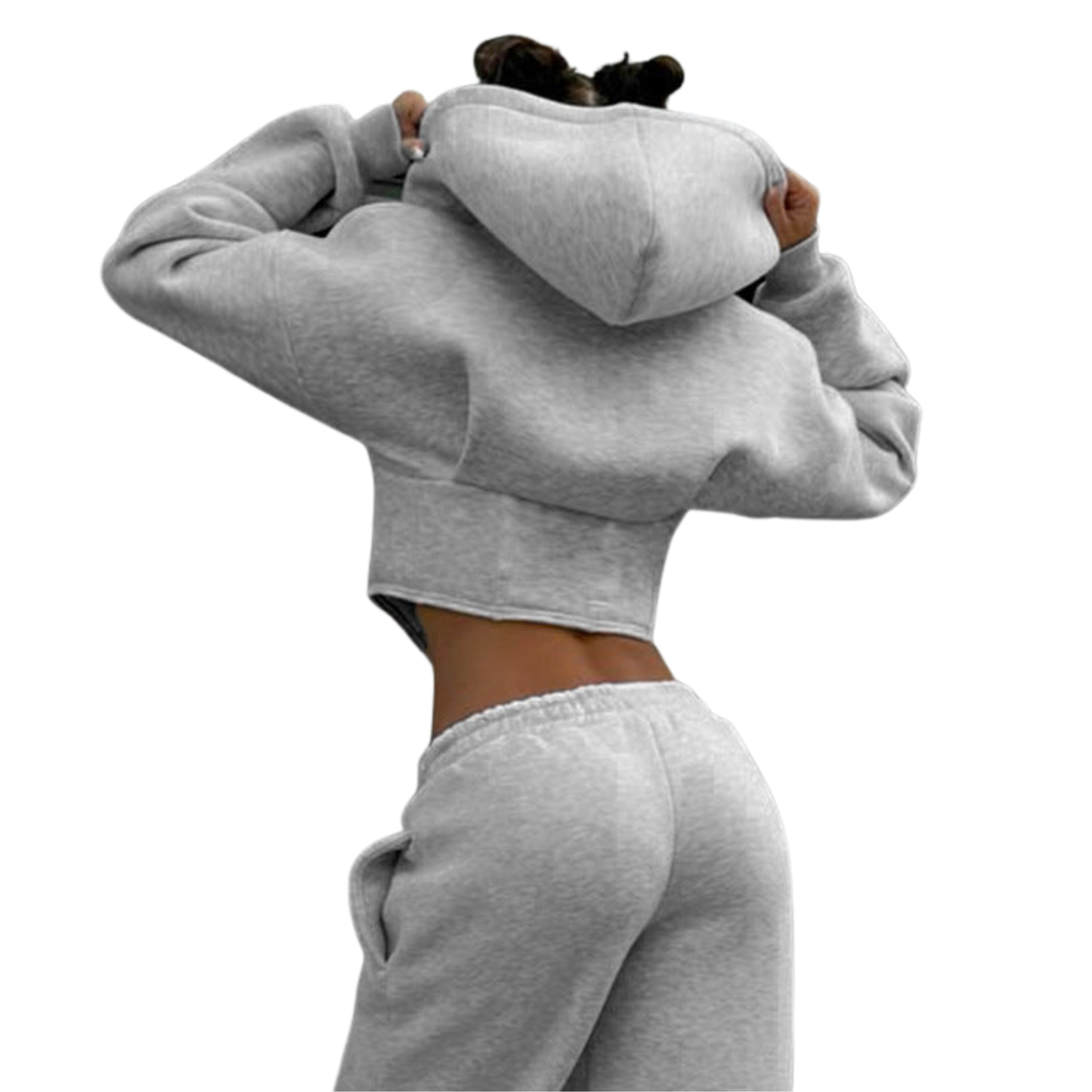 Person wearing a gray hoodie and matching pants on a white background