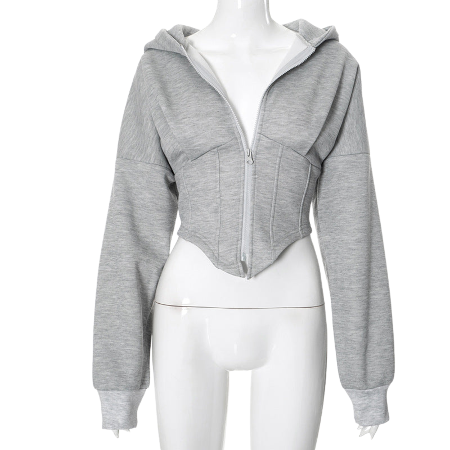 Gray zip-up hoodie on a white mannequin against a white background