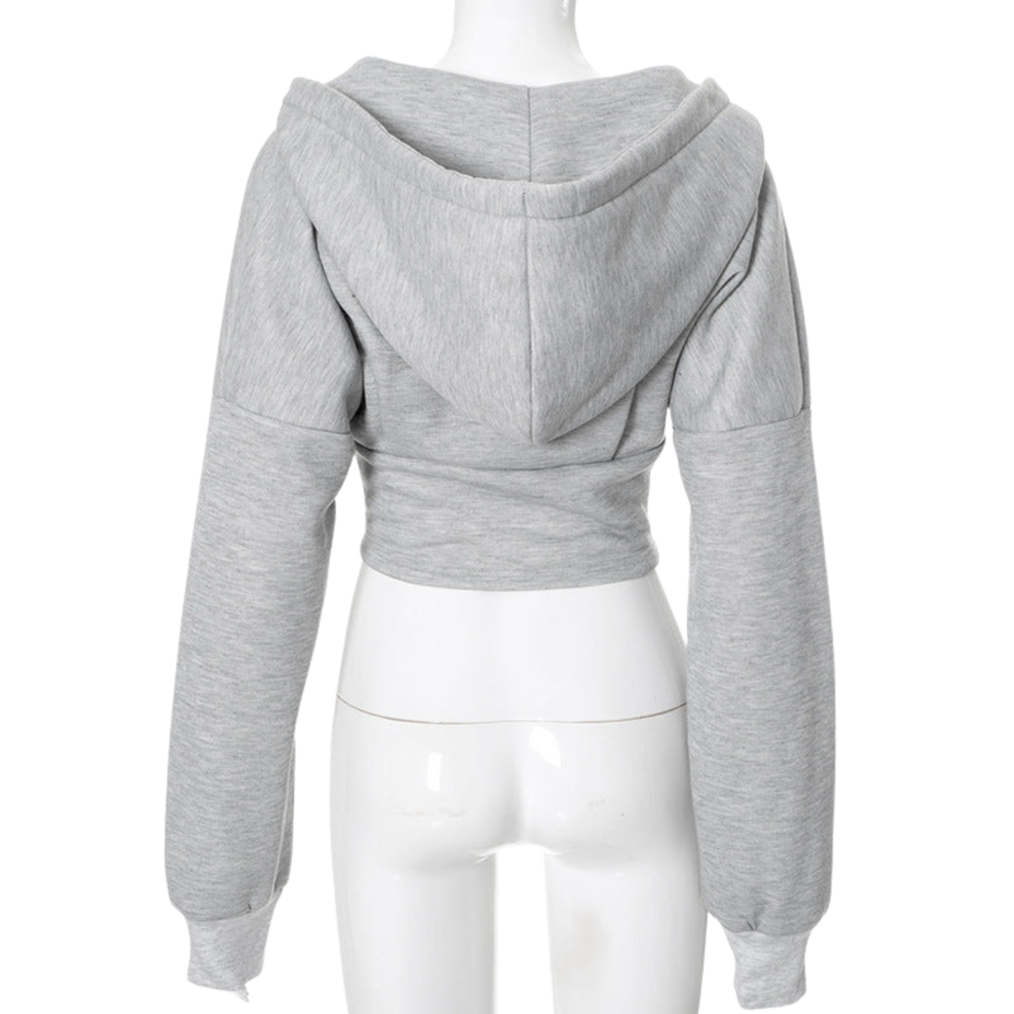 Gray cropped hoodie on a mannequin against a white background