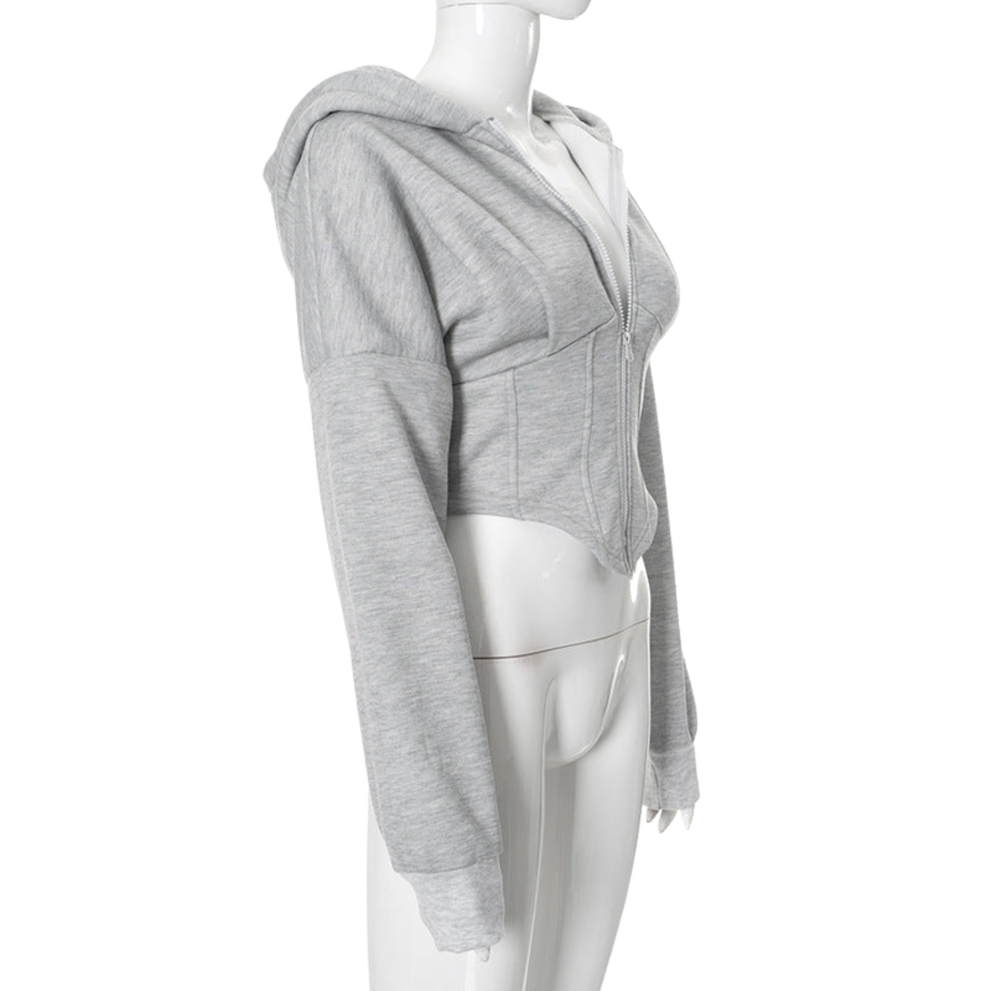 Gray hoodie on a mannequin against a white background