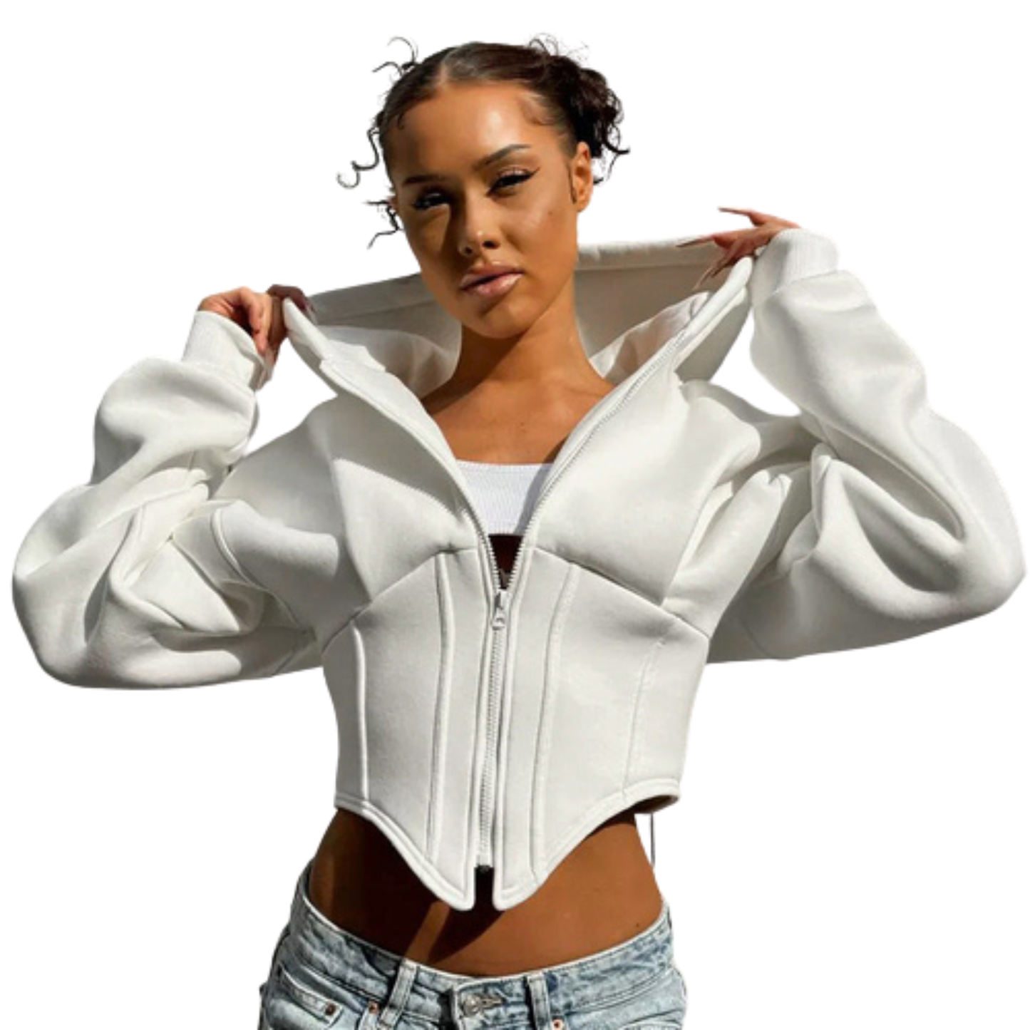 Woman wearing a white, futuristic-looking jacket on a white background