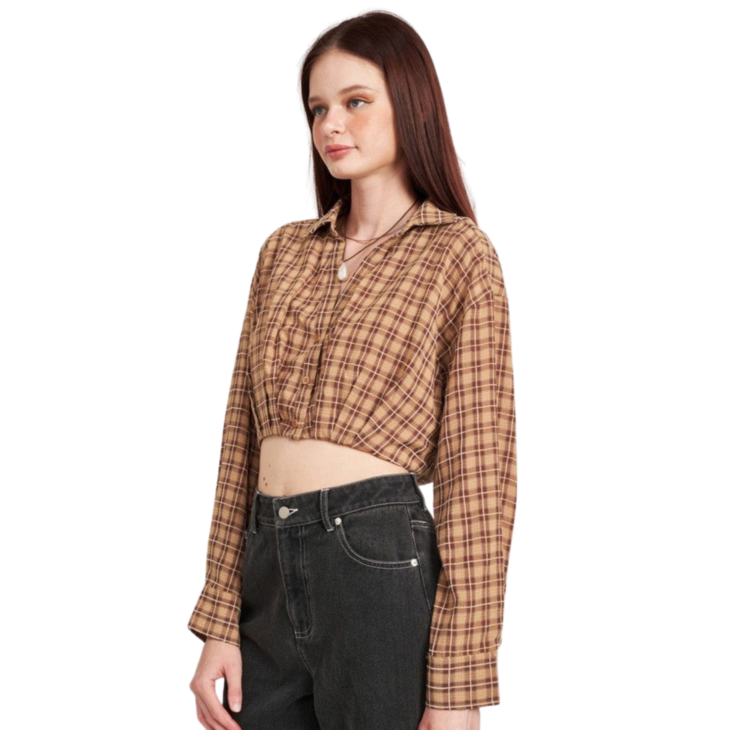 Person wearing a plaid shirt and black pants on a white background