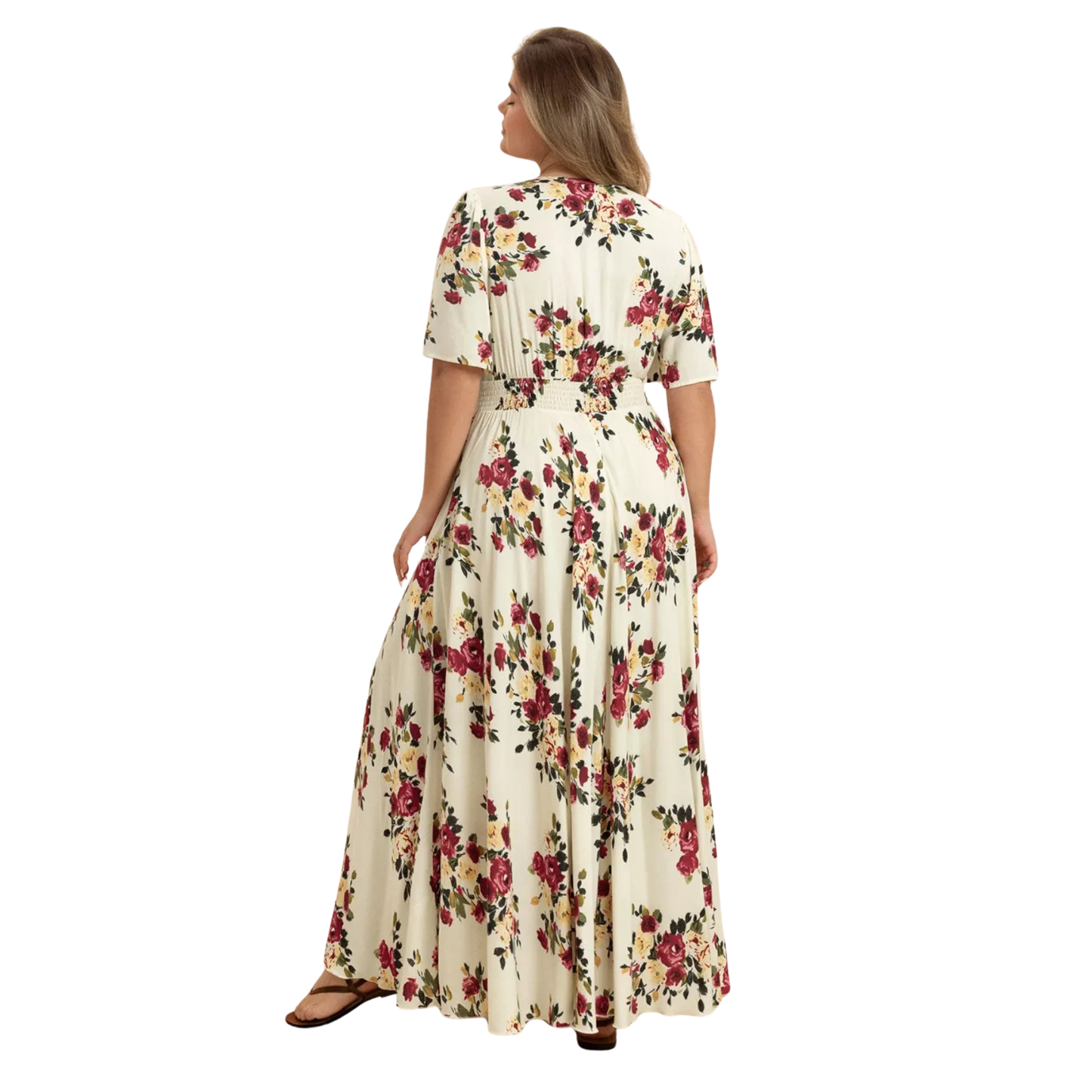 Woman wearing a floral dress on a white background