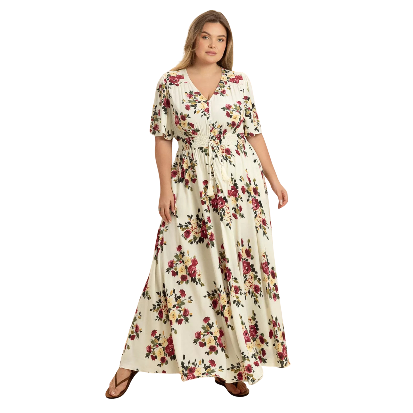 Woman wearing a floral dress on a white background