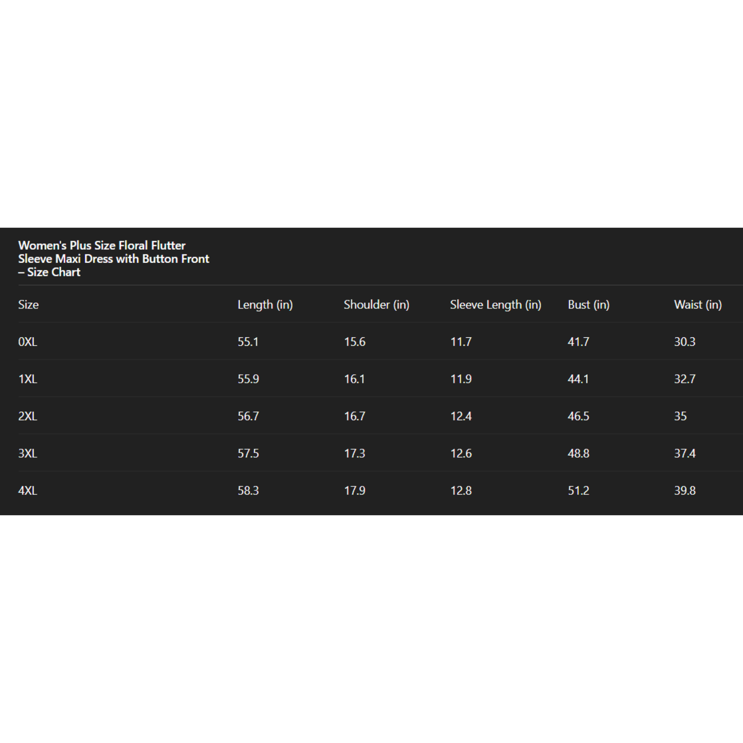 Size chart for a women's plus size floral flutter sleeve maxi dress with button front on a white background.