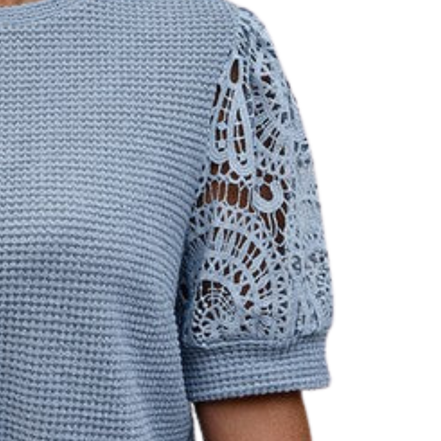 Light blue knit top with lace sleeves on a white background