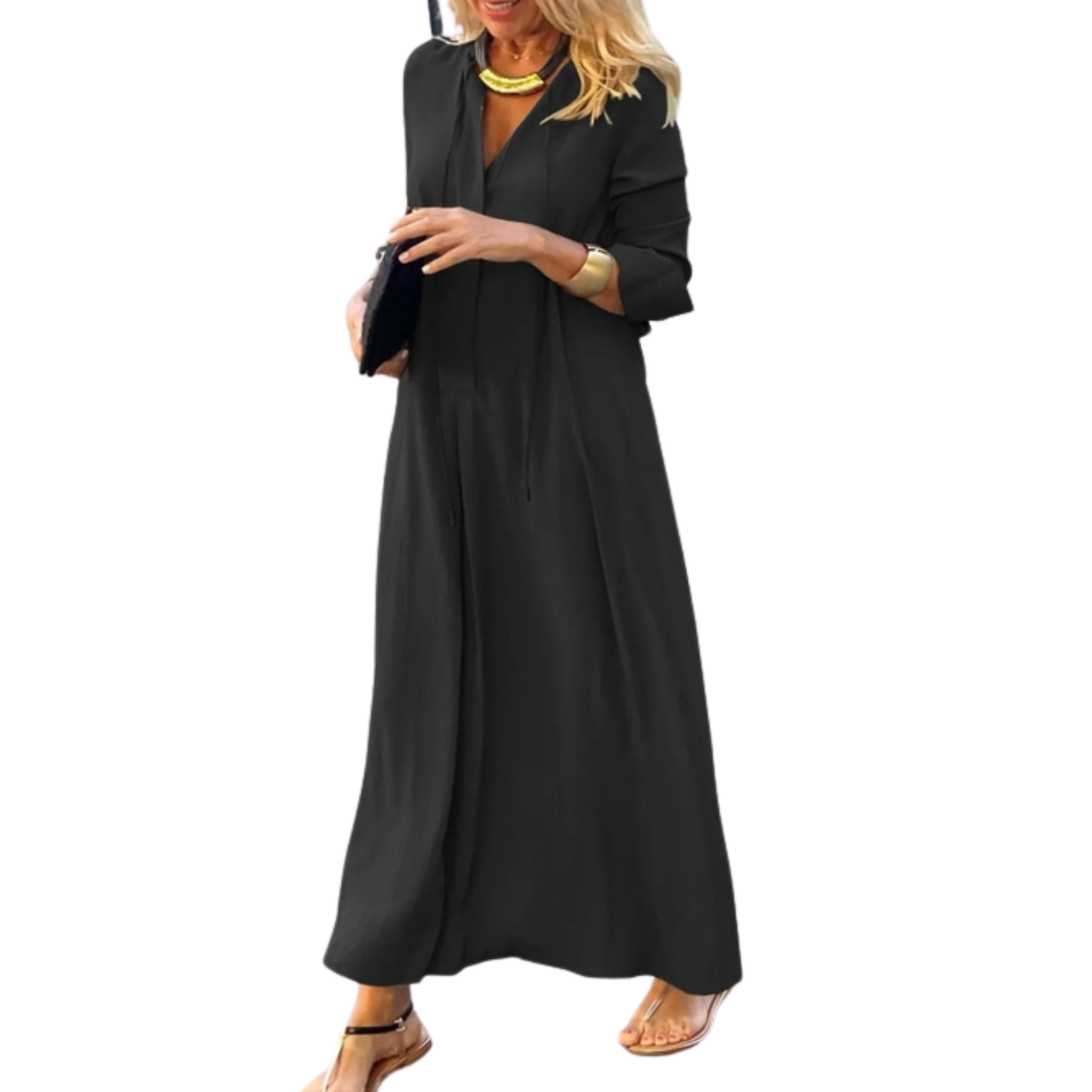 Woman wearing a black long-sleeve dress on a white background