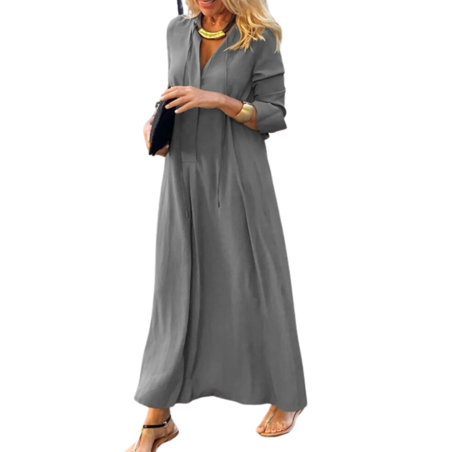 Woman wearing a gray long-sleeve dress on a white background