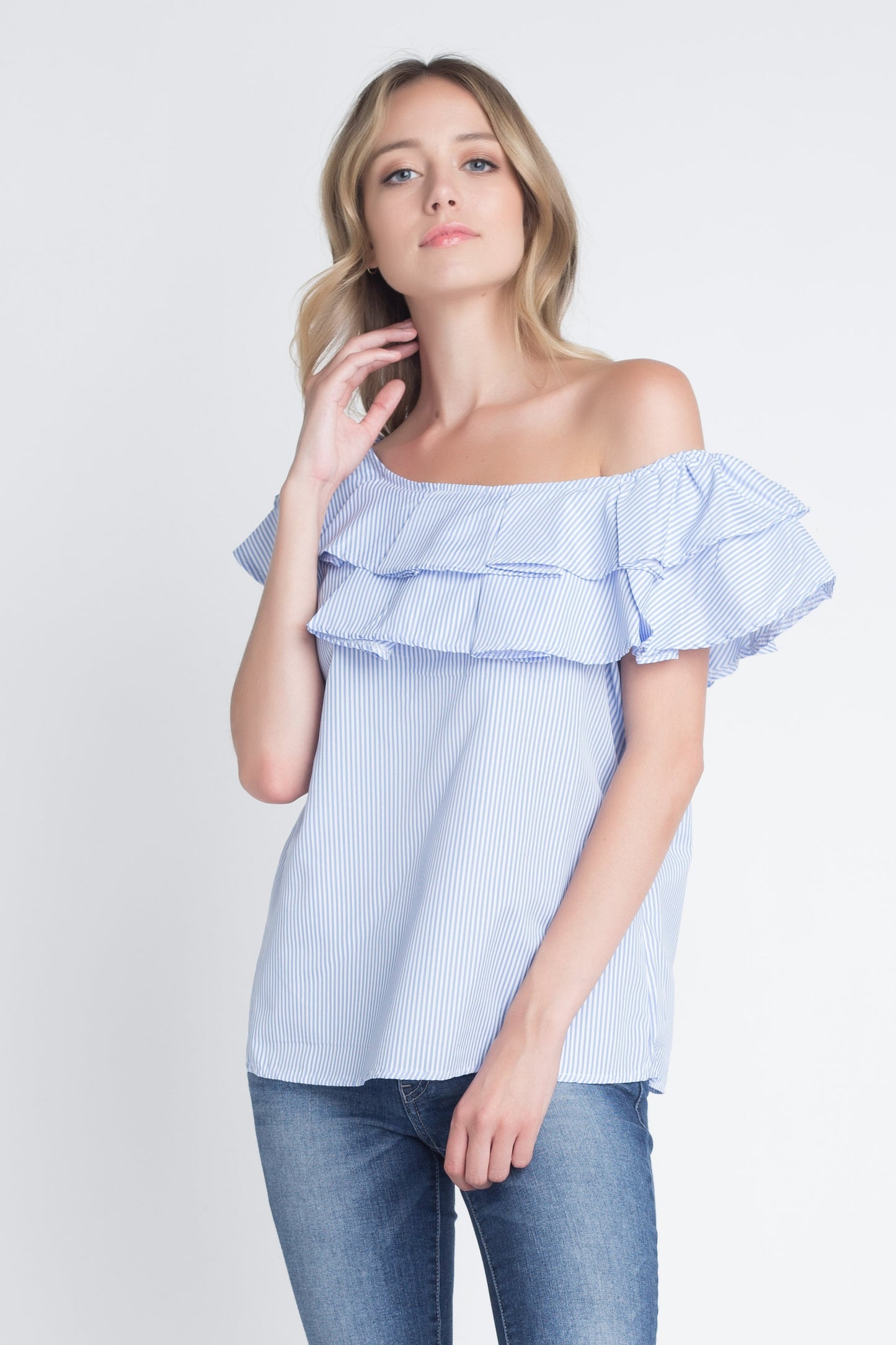 Women's Horizontal Stripes Off Shoulder Ruffle Blouse