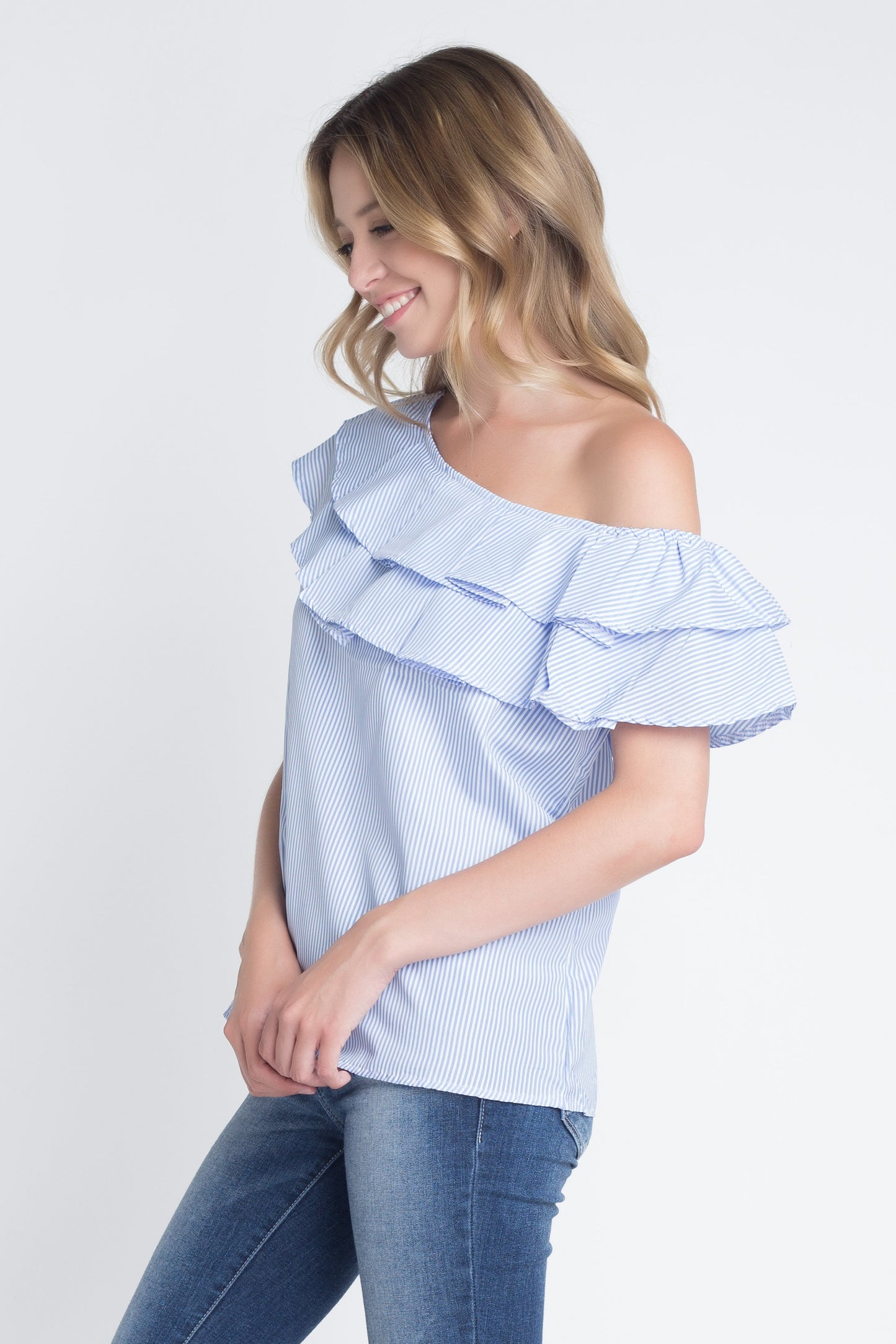 Women's Horizontal Stripes Off Shoulder Ruffle Blouse