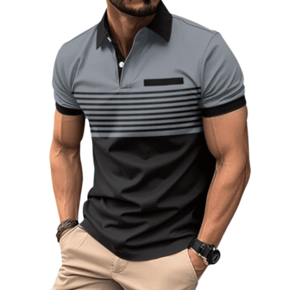 Men's Athlete Professional Golf Striped Slim-Fit Polo Shirt with black collar and horizontal stripes, available in five colors: White, Gray, Red, Khaki, and Army Green.