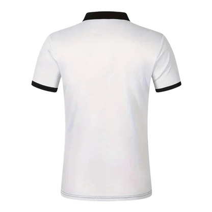 Men's Athlete Professional Golf Striped Slim-Fit Polo Shirt with black collar and horizontal stripes, available in five colors: White, Gray, Red, Khaki, and Army Green.
