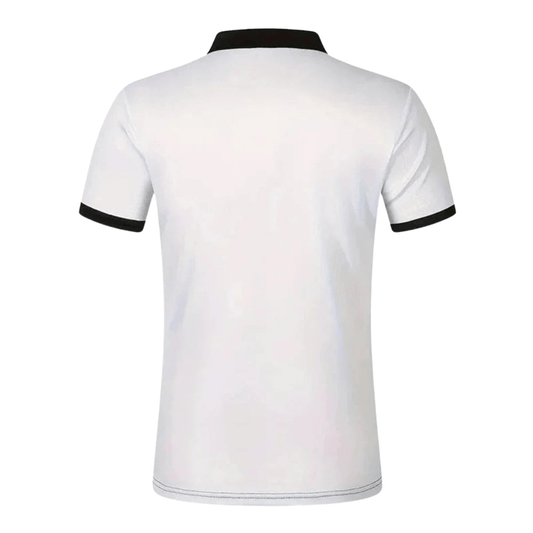 Men's Athlete Professional Golf Striped Slim-Fit Polo Shirt with black collar and horizontal stripes, available in five colors: White, Gray, Red, Khaki, and Army Green.
