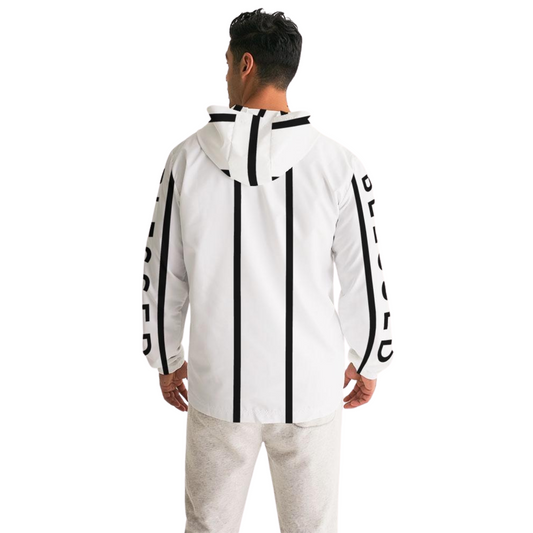 Men's Black on White Blessed Hooded Windbreaker Jacket with black "Blessed" prints along the sleeves, lightweight, water-resistant fabric, and a full mesh lining for added breathability. 