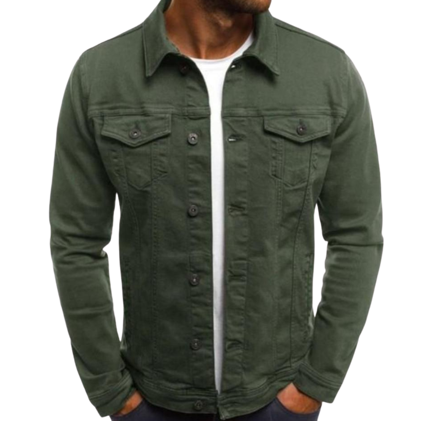 Green jacket worn by a person on a white background