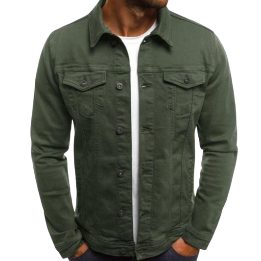 Green jacket worn by a person on a white background