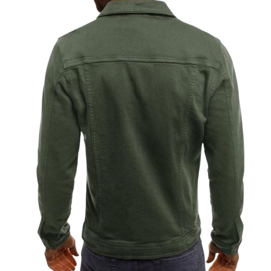 Green jacket worn by a person on a white background