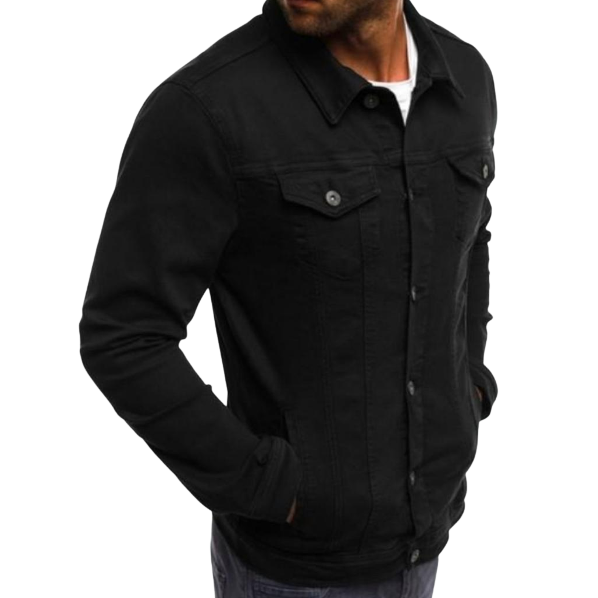 Black jacket worn by a person on a white background