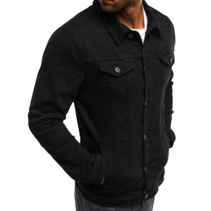 Black jacket worn by a person on a white background