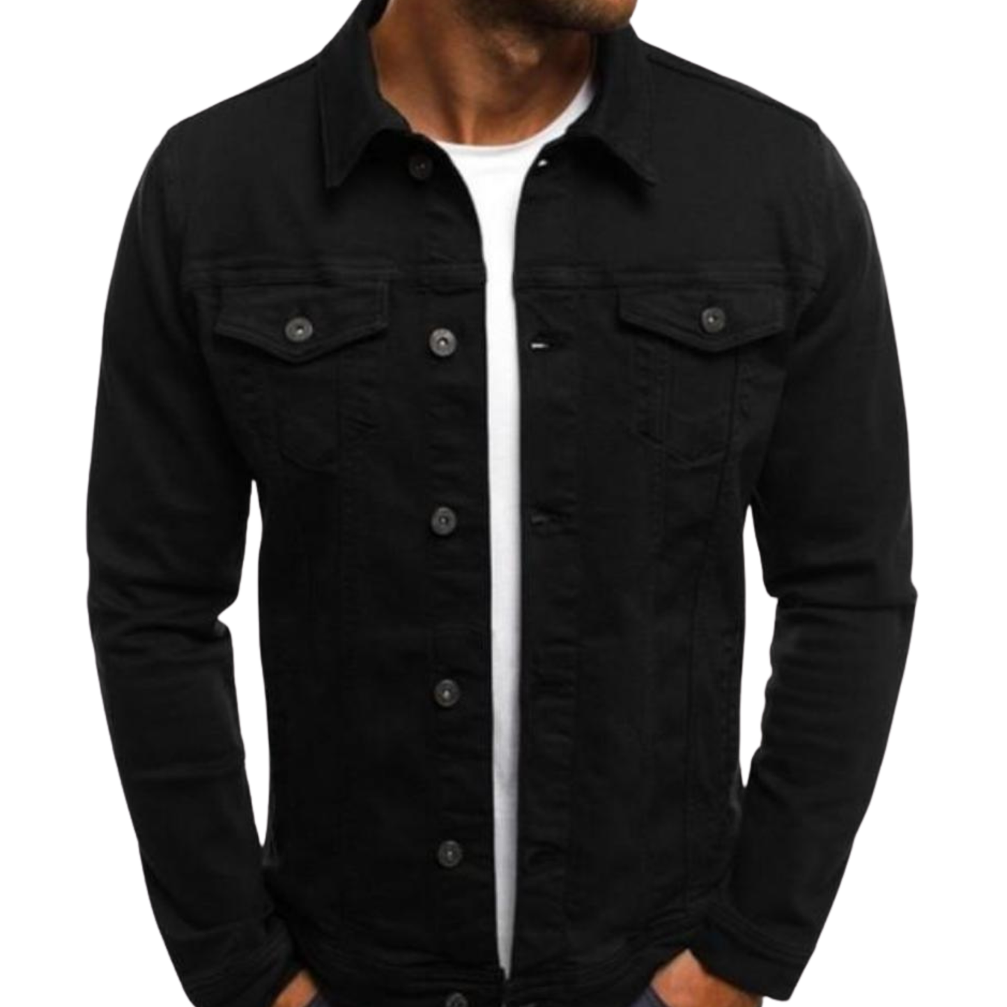 Black denim jacket worn by a person on a white background