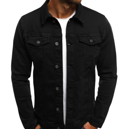 Black denim jacket worn by a person on a white background