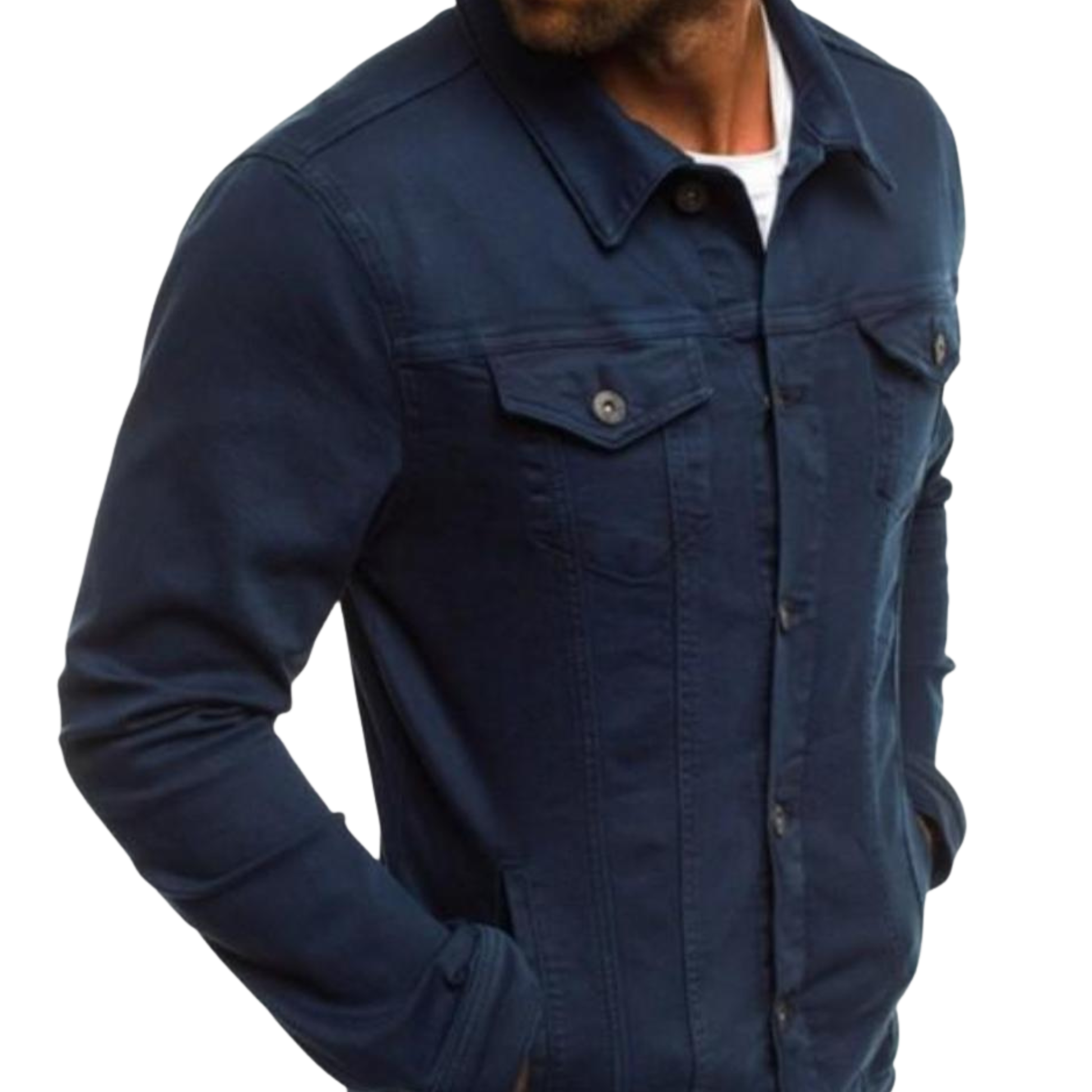 Navy blue denim jacket worn by a person on a white background