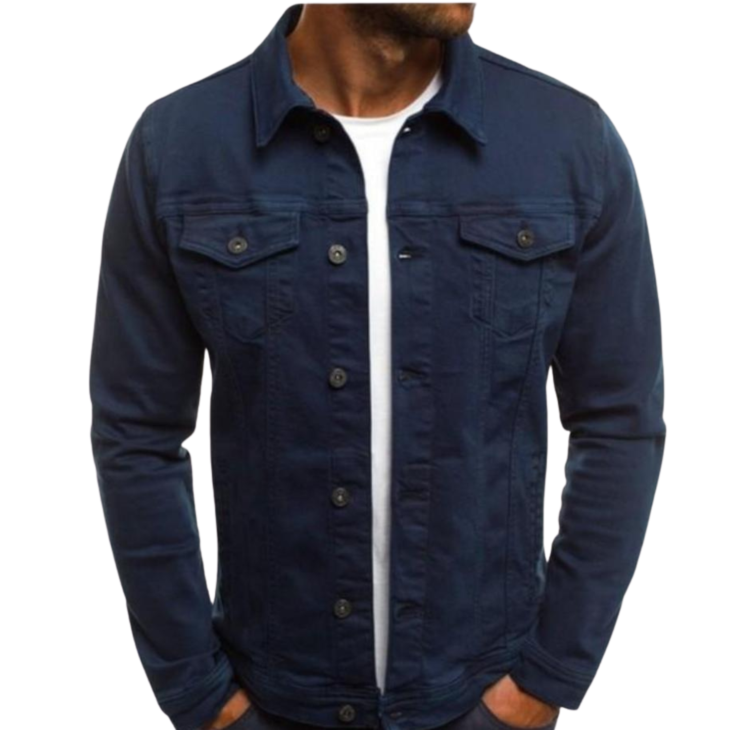 Navy blue denim jacket worn by a person on a white background