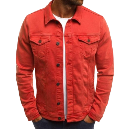 Red denim jacket worn by a person on a white background