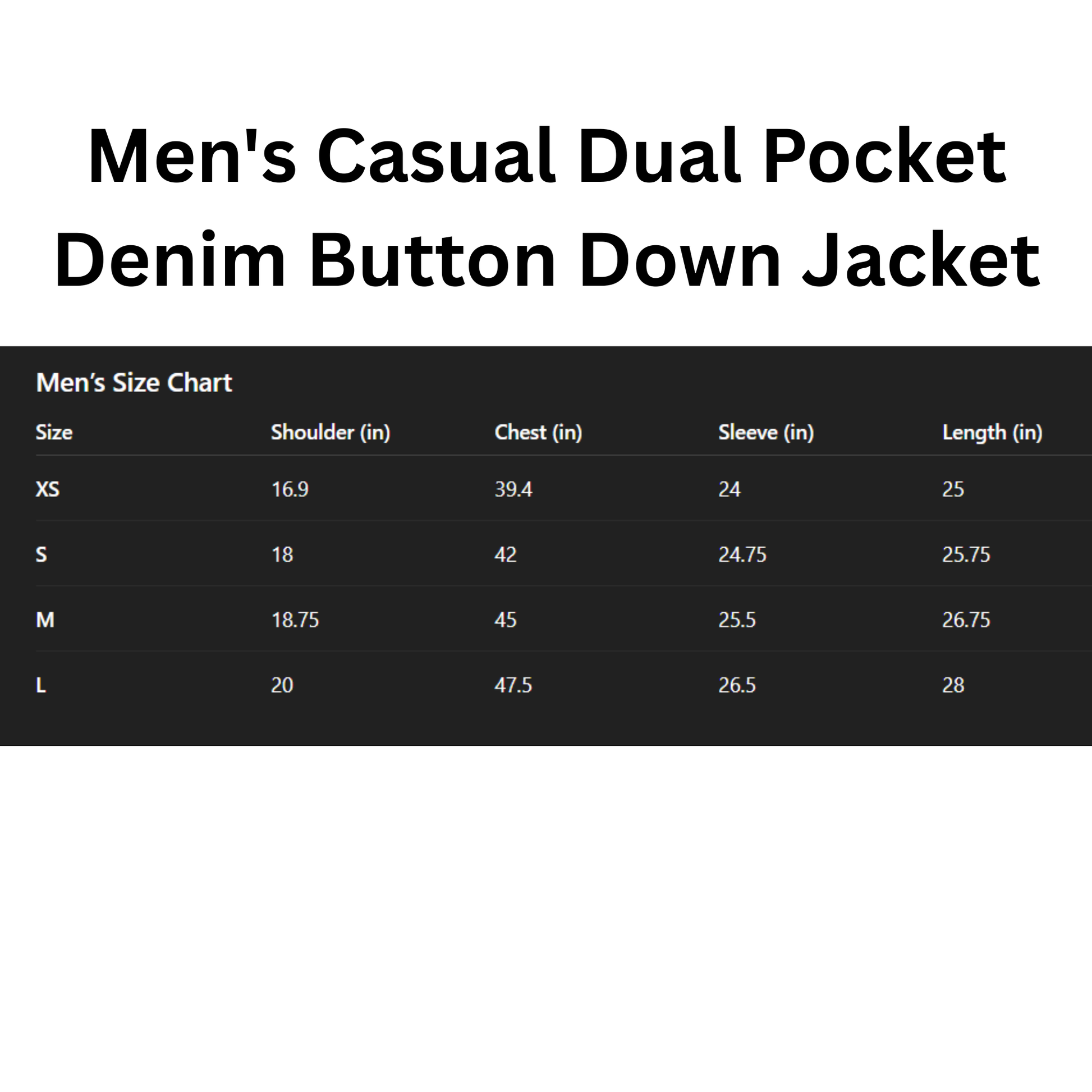 Men's Casual Dual Pocket Denim Button Down Jacket size chart on a white background