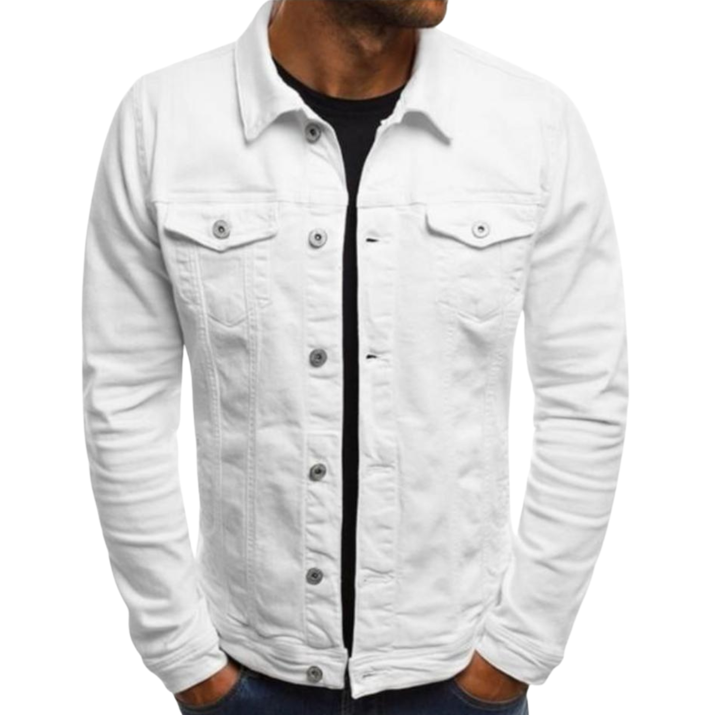 White denim jacket worn by a person on a white background