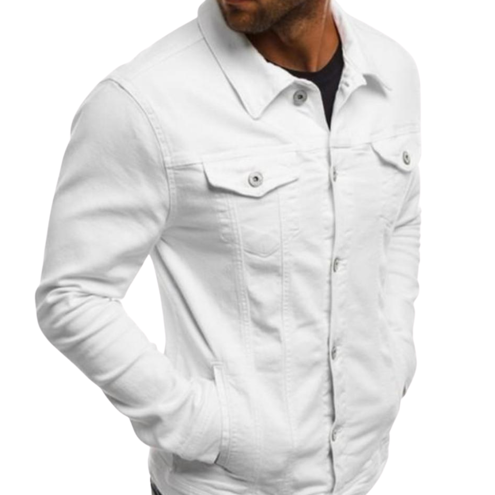 White denim jacket worn by a person on a white background