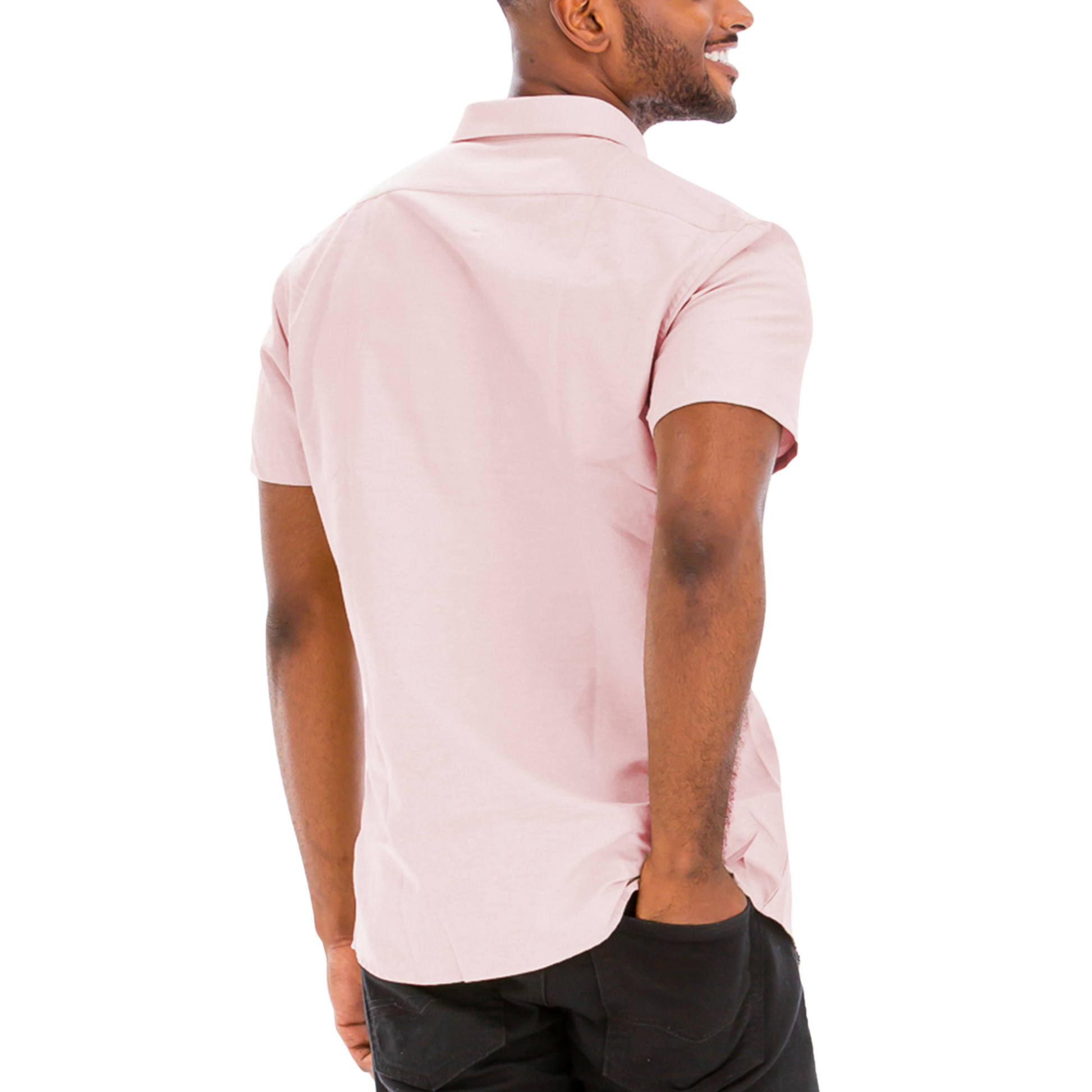 Man wearing a light pink short-sleeve shirt on a white background