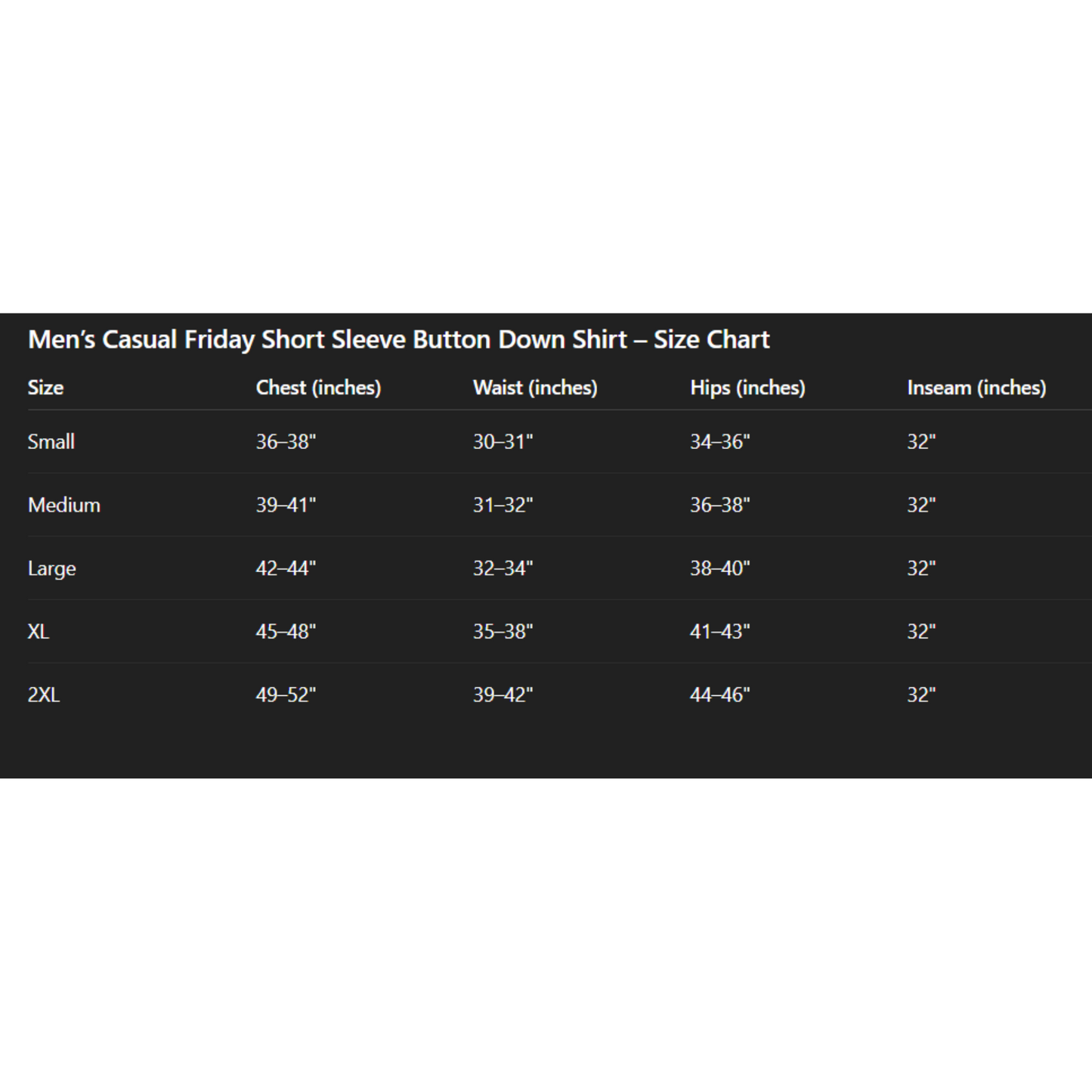 Size chart for men's casual short sleeve button-down shirt on a white background