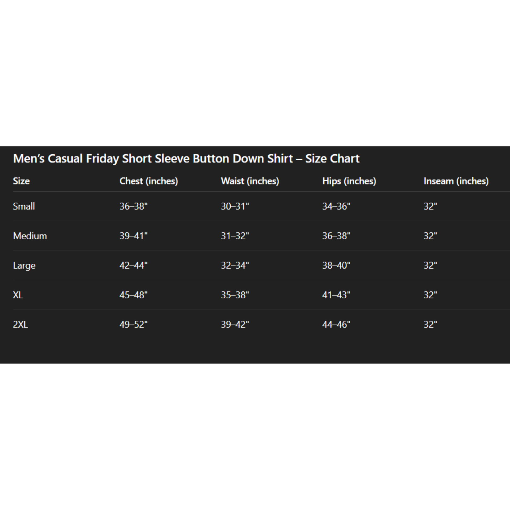 Size chart for men's casual short sleeve button-down shirt on a white background