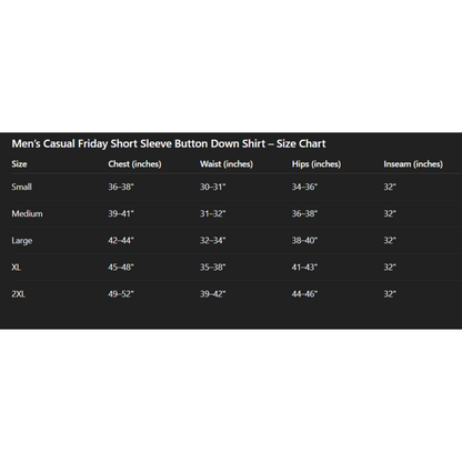 Size chart for men's casual short sleeve button-down shirt on a white background
