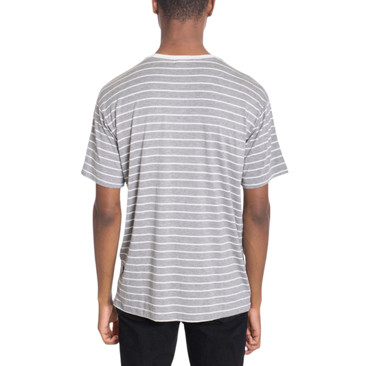 Man wearing a striped t-shirt with a white background