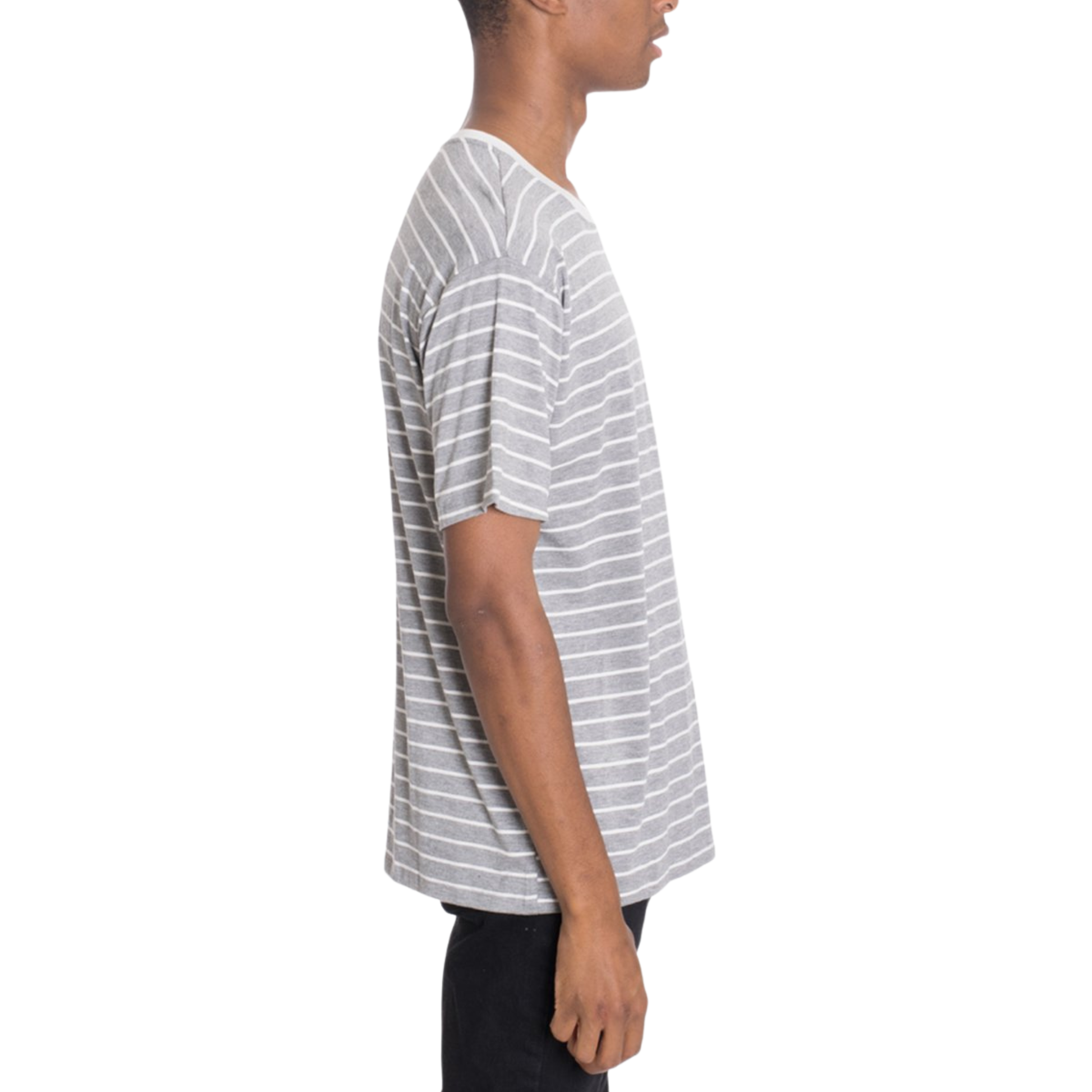 Person wearing a gray and white striped t-shirt on a white background