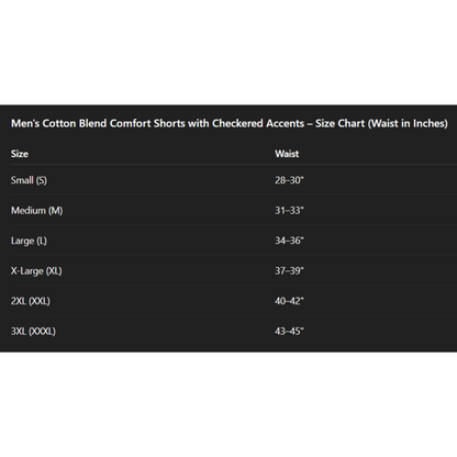 Size chart for men's cotton blend comfort shorts with checkered accents.