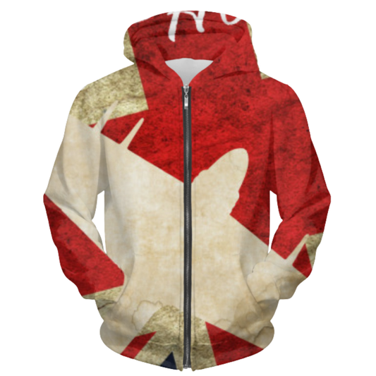 Hoodie with a design resembling the British flag on a white background