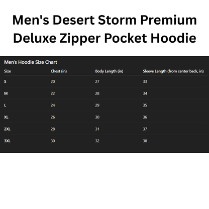Men's Desert Storm Premium Deluxe Zipper Pocket Hoodie size chart on a black background