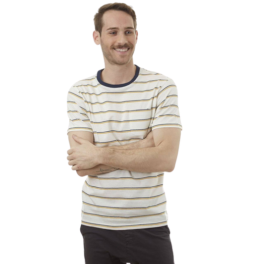 Man wearing a striped shirt with arms crossed on a white background