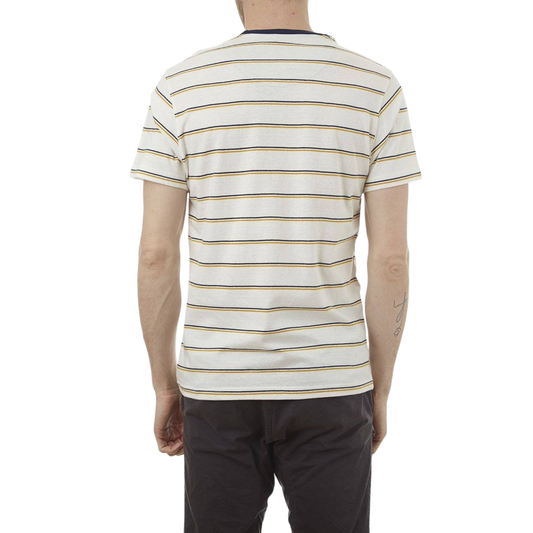 Person wearing a striped t-shirt on a white background