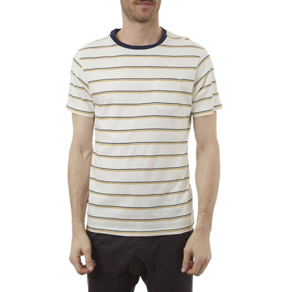 Man wearing a striped t-shirt with a white background