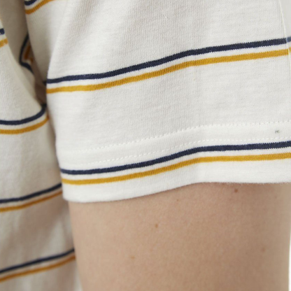 Close-up of a white shirt with blue and yellow stripes on a person's arm.