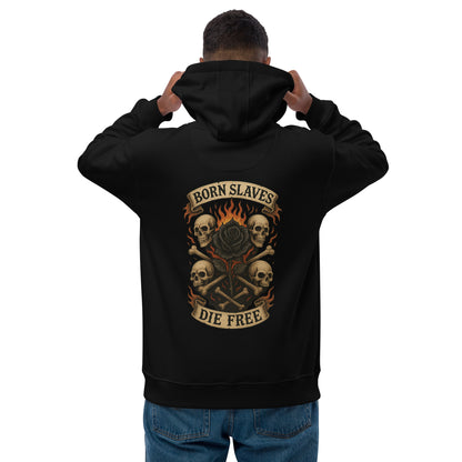 Person wearing a black hoodie with a graphic design on the back, featuring skulls and text.